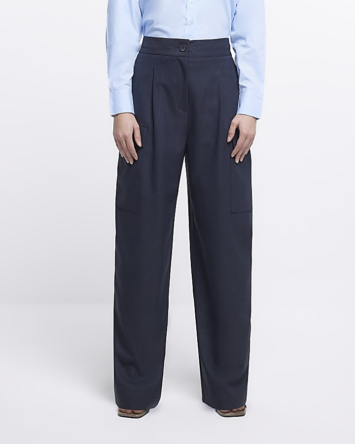 Navy pinstripe wide leg cargo trousers | River Island (UK & IE)