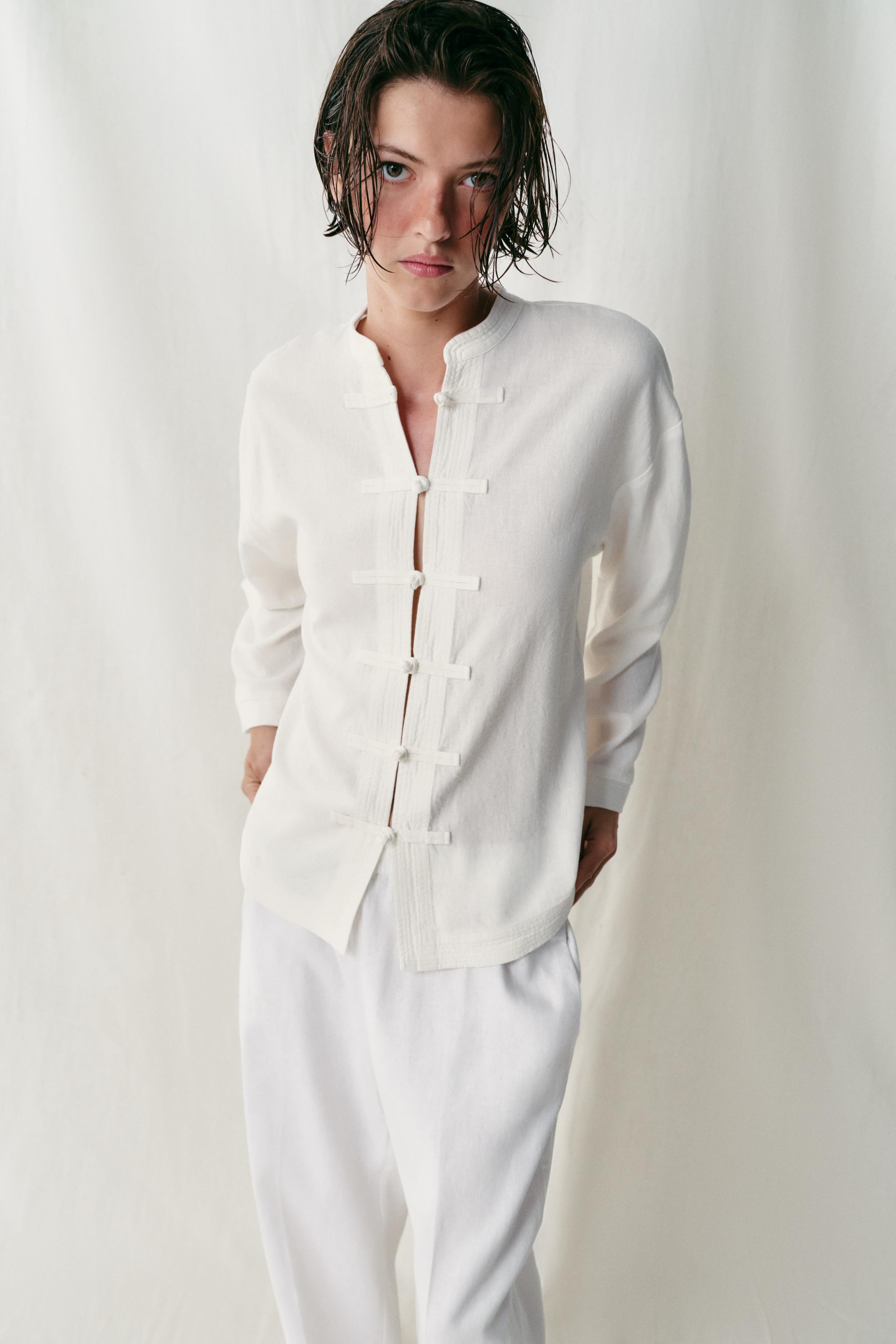 LINEN OVERSIZED SHIRT WITH FROG FASTENING | Zara US