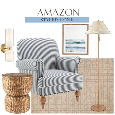 Amazon styled home includes accent chair, wall art, floor lamp, area rug, rattan side table, and sconces.

Amazon home, Amazon finds, looks for less, coastal decor, neutral home

#LTKhome #LTKfindsunder100 #LTKstyletip