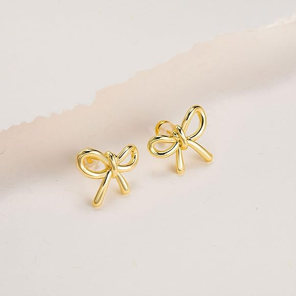 HANLI Gold Studs Earrings for Women - 14K Gold Plated Bow Stud Earrings for Women Small Ribbon St... | Amazon (US)