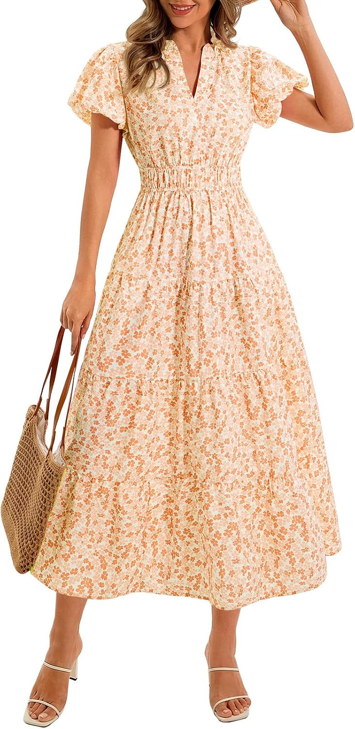 Wenrine Women Summer Boho Floral V Neck Puff Sleeve Maxi Dress with Pockets | Amazon (US)