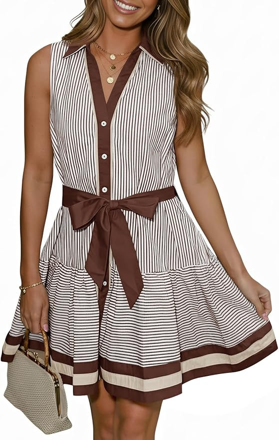 Wenrine Womens Summer Button Down Shirt Dresses Sleeveless Collared V Neck Striped Tie Waist Mini... | Amazon (US)