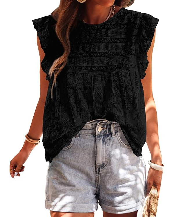 PRETTYGARDEN Women's Summer Cute Tank Top Crewneck Ruffle Sleeveless Hollow Out Eyelet Lace Sprin... | Amazon (US)