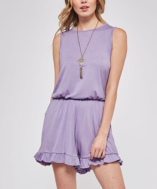 Jardin by Macris Women's Rompers Lavender - Lavender Ruffle-Hem Hidden-Pocket Sleeveless Romper - Wo | Zulily