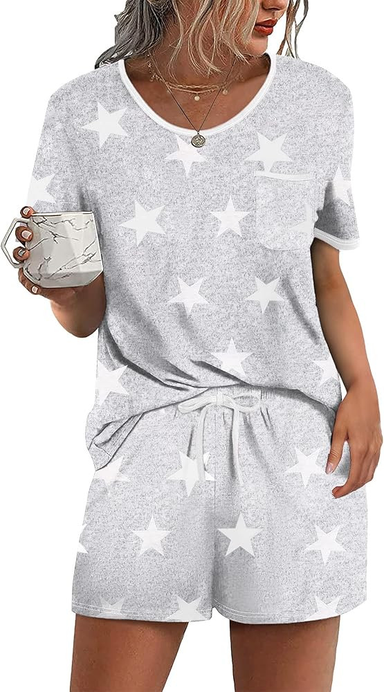 Ekouaer Pajama Set for Women 2 Piece Lounge Set Short Sleeve Tops and Shorts Soft Sleepwear, Ches... | Amazon (US)