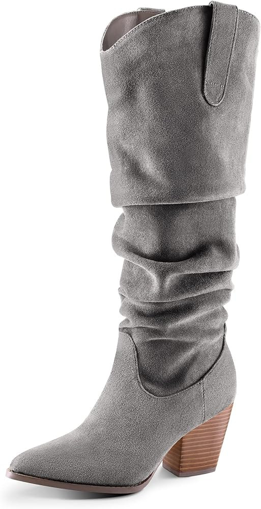 mysoft Women's Cowboy Knee-High Boots Pointed Toe Mid Chunky Heel Pull On Slouchy Boots with Zipp... | Amazon (US)