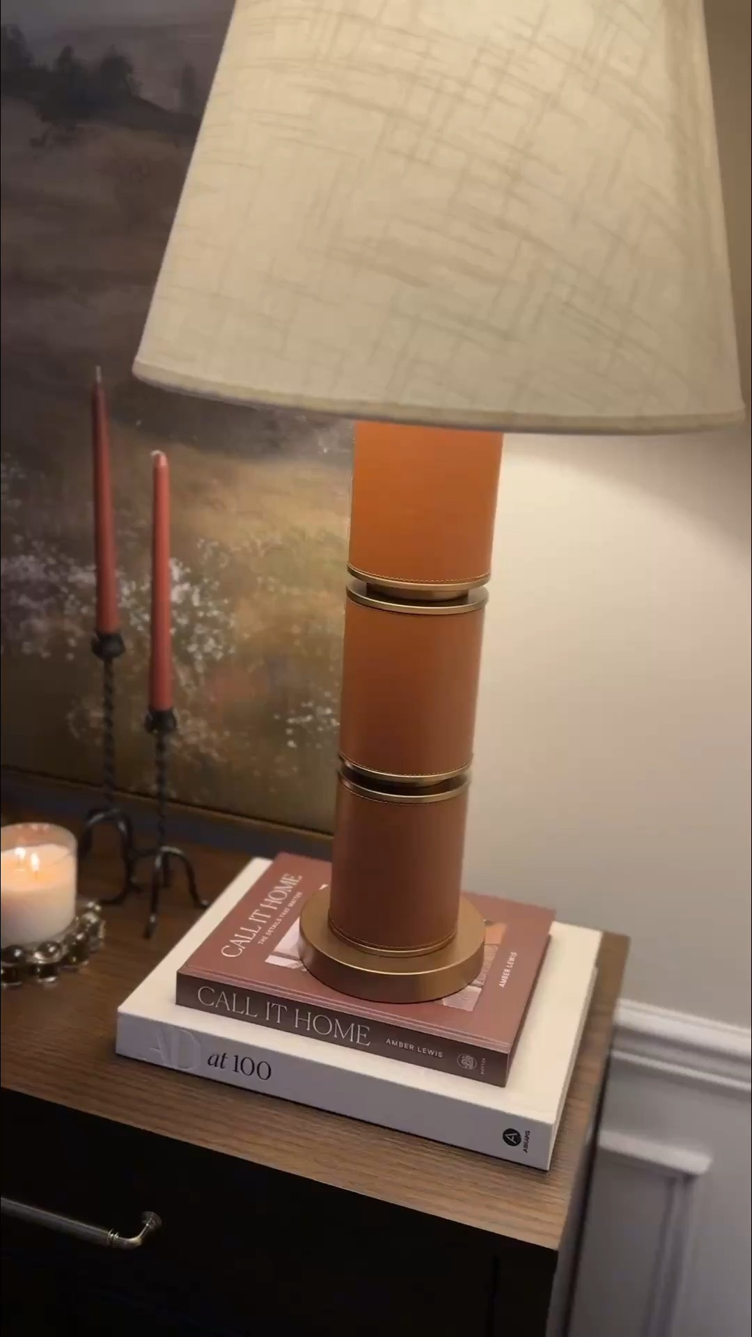 Entry table, entry decor, fall decor, moody, Nancy meyers, large artwork, vertical art, lamp, coffee table, home decor