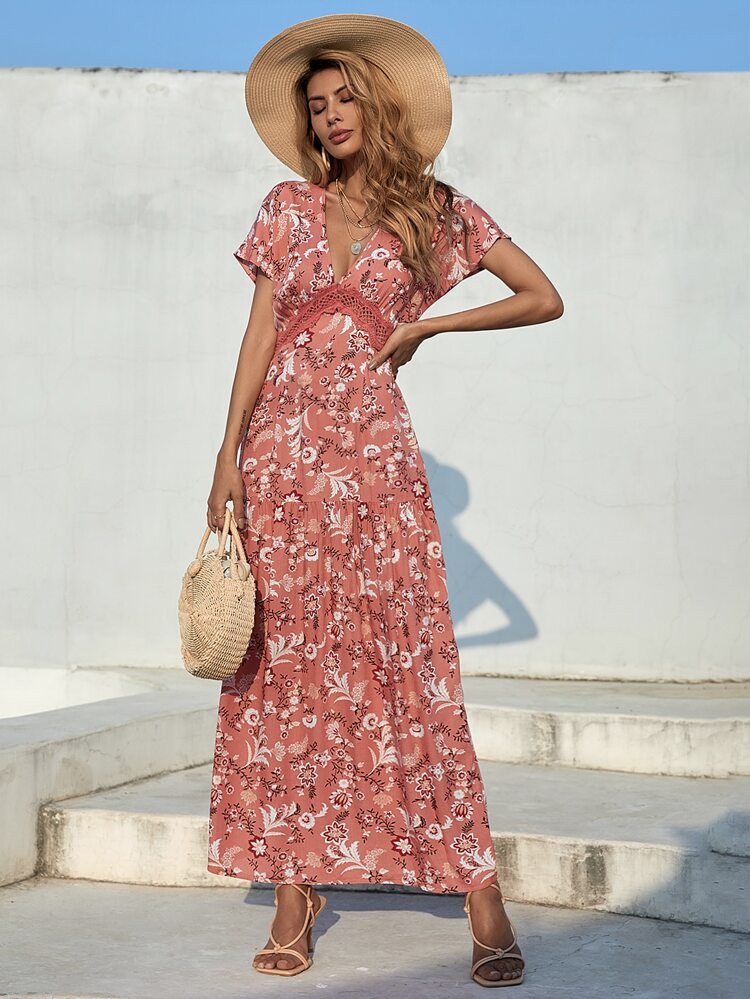 Lace Trim Cut-out Back Ruffle Hem Floral Dress | SHEIN