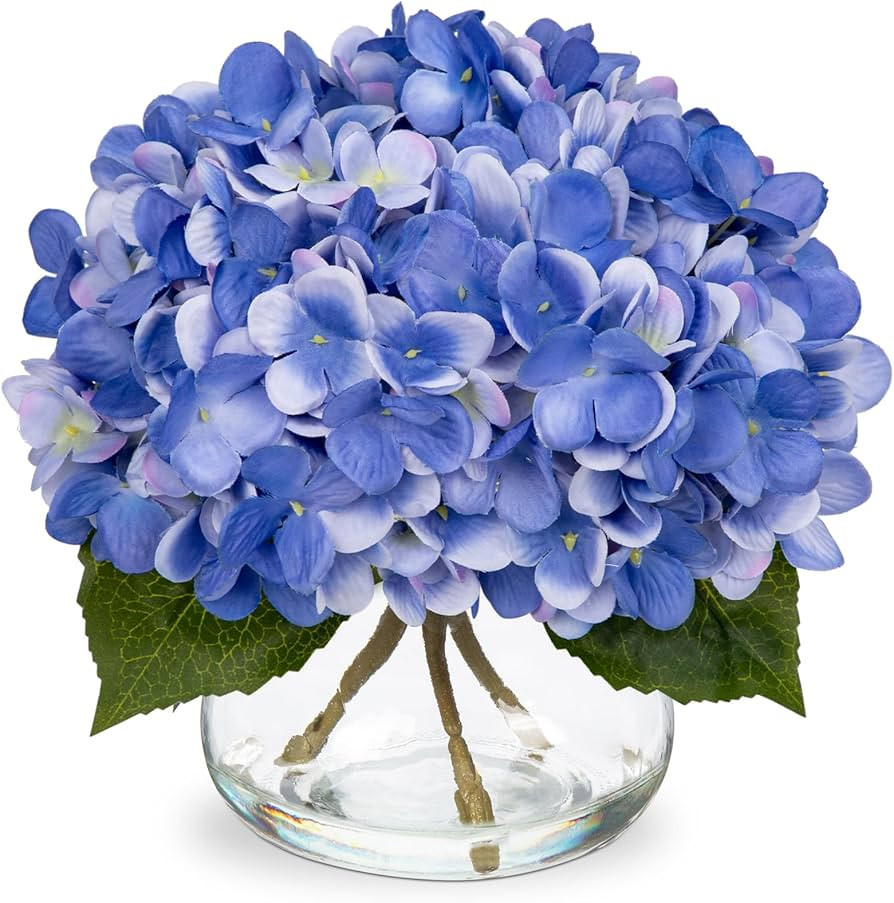 Hollyone Hydrangea Artificial Flowers with Vase Slate Blue Silk Fake Flowers Arrangements Floral ... | Amazon (US)