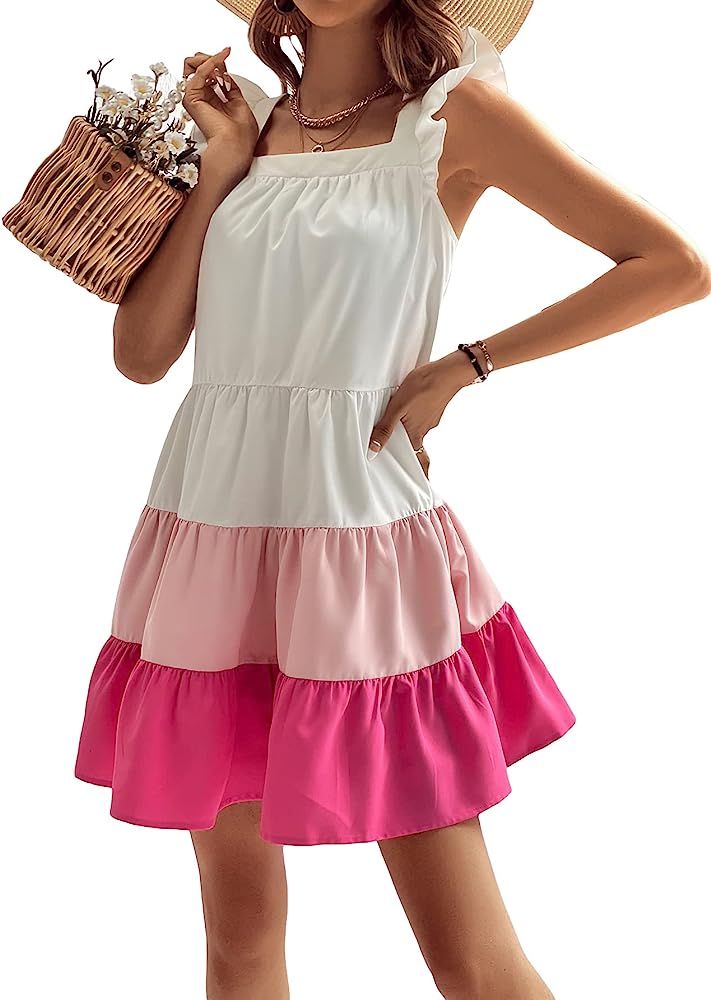 Milumia Women's Boho Color Block Ruffle Hem Swing Dress Square Neck Sleeveless Short Dresses | Amazon (US)