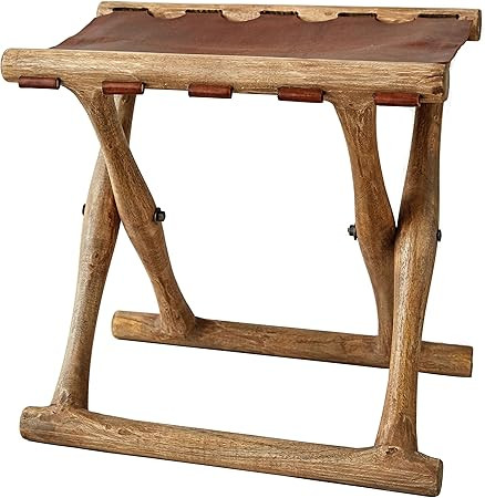 Creative Co-Op Acacia Wood & Leather Folding Stool, Brown | Amazon (US)