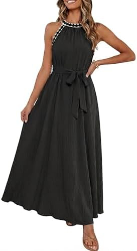 MEROKEETY Women's 2026 Summer Halter Maxi Dress Spring Casual Boho Sleeveless Flowy Swing Beach V... | Amazon (US)