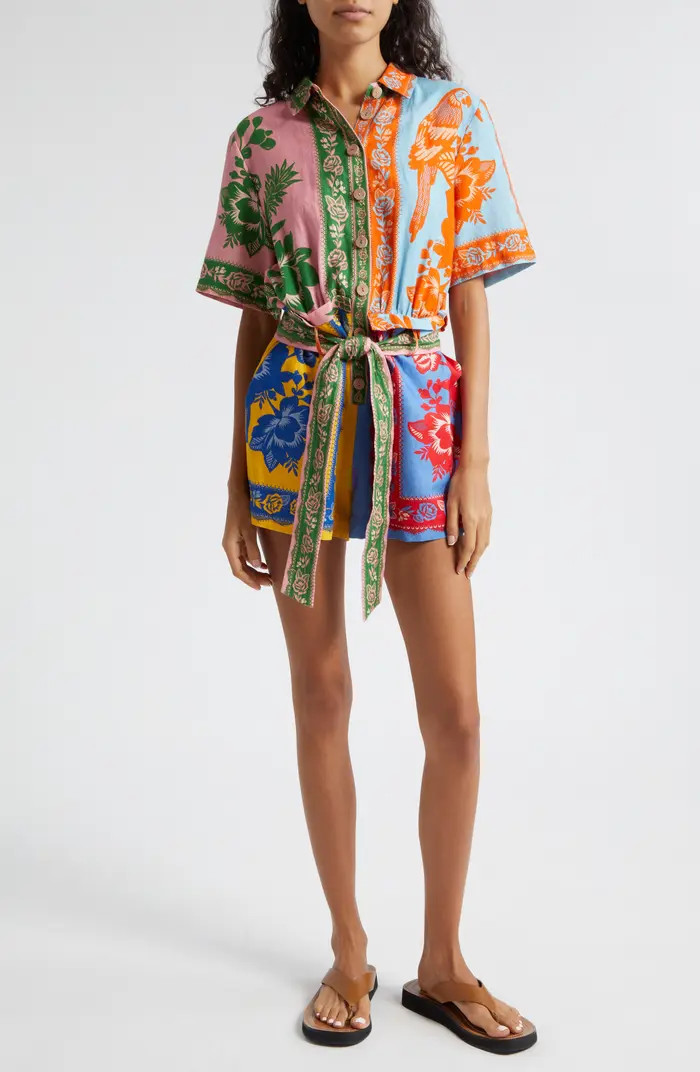 Lace Garden Mixed Scarf Print Tie Belt Linen Blend Romper | Nordstrom