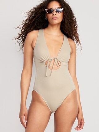 Cutout-Front Metallic Shine One-Piece Swimsuit for Women | Old Navy (US)
