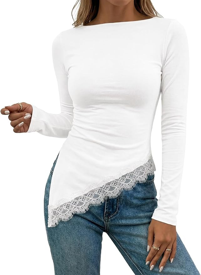 Flowyair Womens Boat Neck Long Sleeve Lace Tops Slim Fit Shirts | Casual Dressy, Lace Asymmetrica... | Amazon (US)