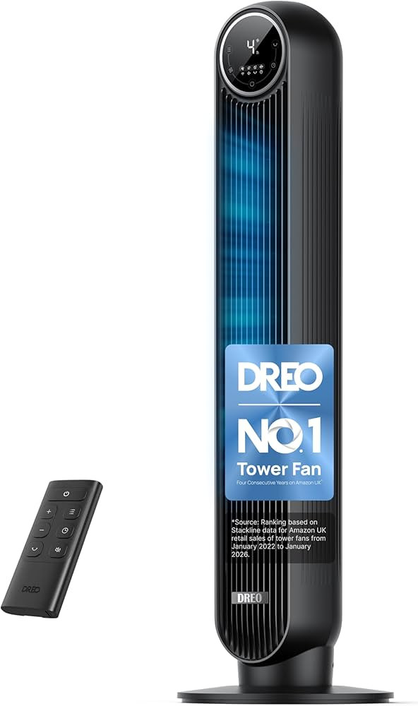 DREO 20dB Silent Tower Fan, 28 ft/s Velocity Electric Cooling Fan with Remote, 90\u00b0 Oscillati... | Amazon (UK)