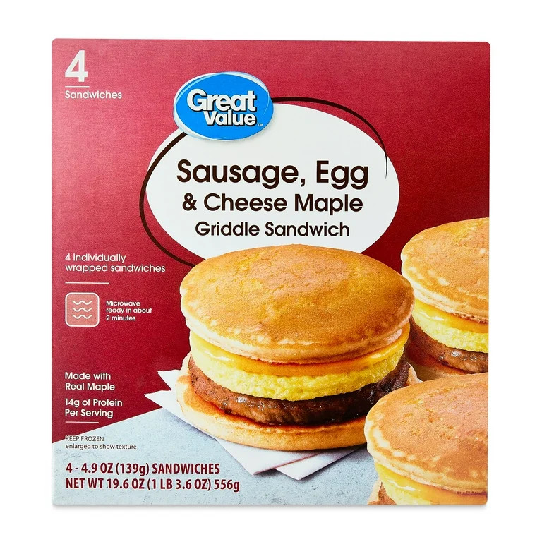 Great Value Sausage, Egg & Cheese Maple Griddle Sandwich, 19.6 oz, 4 Count | Walmart (US)
