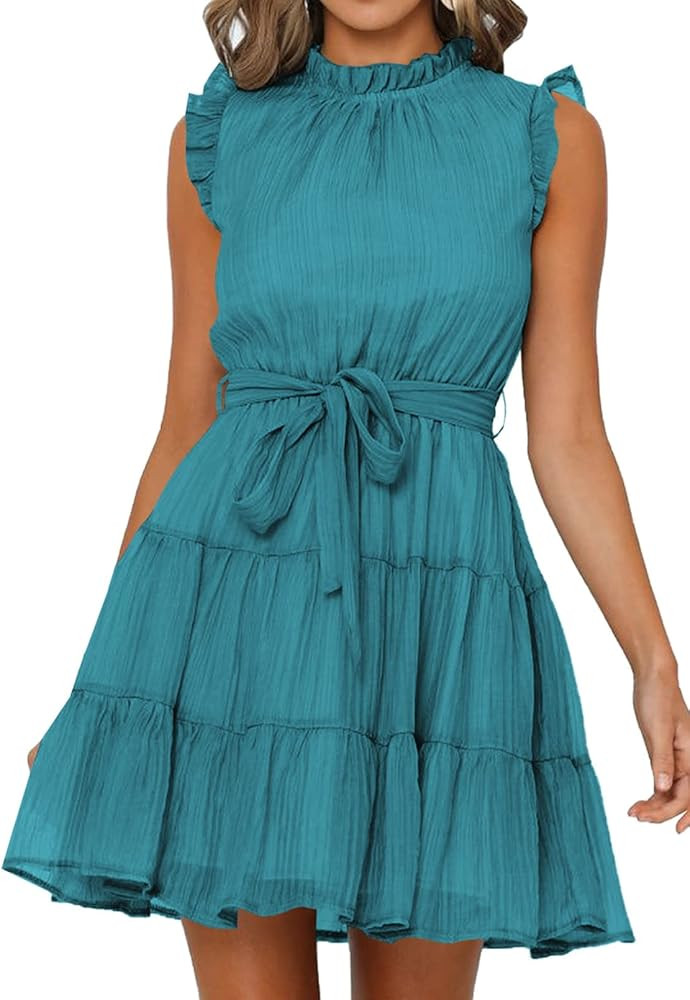 FARYSAYS Women's 2023 Summer Sleeveless Ruffle Waist Tie Casual Tiered Mini Swing Dress | Amazon (US)