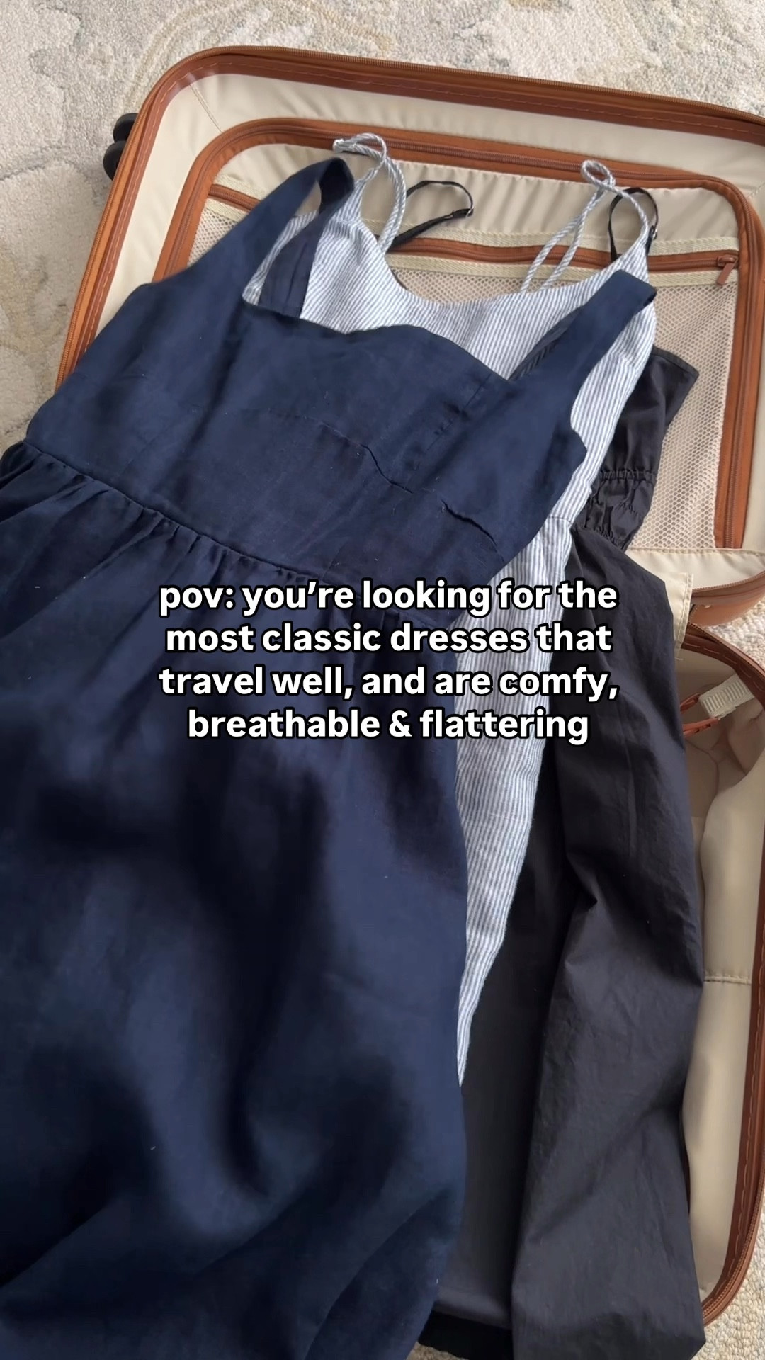 In the suitcase:
• Quince 100% organic cotton keyhole dress xs in Black, this one is very lightweight and breezy, adjustable straps and neckline tie with pockets 

• Quince 100% Linen Scoop Neck Midi Dress in blue pinstripe xs , this is a longer midi length on me and is sophisticated - I like the solid navy or the striped

Worn On me:
• Quince 100%  Linen Fit & Flare Midi Dress in deep navy xs . Lined bodice 

FYI I ordered the same fit and flare dress last year in white and it was too big so I altered it, but I also ordered the navy and it fit smaller! This is after I washed and dried it on a higher heat.

I’m not positive if they updated the sizing over time if the white color runs bigger. 

Also added a pair of petite friendly linen pants. 

@onequince #quincepartner

Spring dresses, travel outfits, vacation style, petite looks 

#LTKSeasonal #LTKWatchNow #LTKPetite