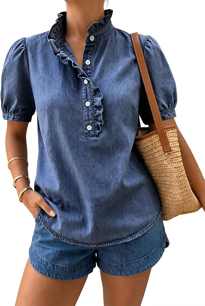 Denim Shirt Women Jean Top Button Down Short Puff Sleeve Ruffle Neck Casual Blouses Country Conce... | Amazon (US)