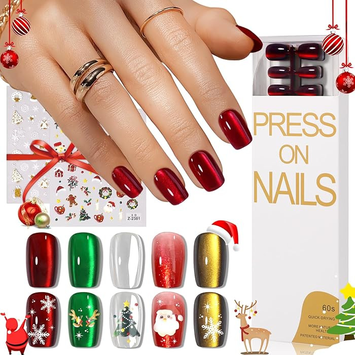 Christmas Press on Nails Short Square Set, 150pcs Jelly Glass Mirror Chrome Cat Eye Nails, Shimme... | Amazon (US)