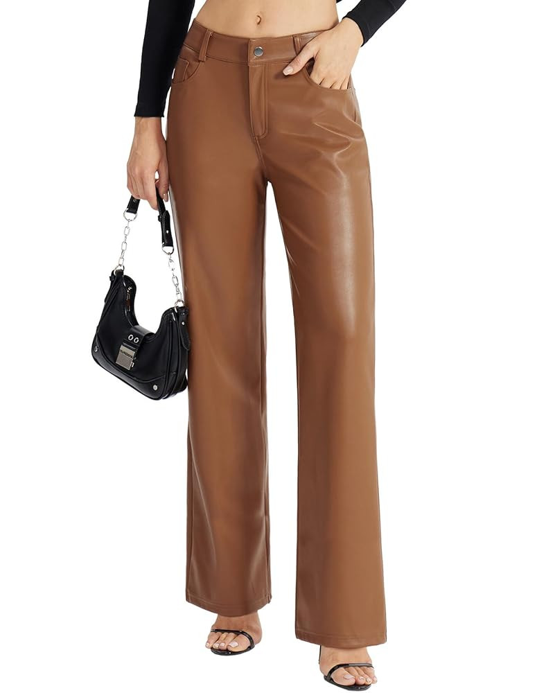 Women's Faux Leather Pants Button PU Jeans Straight Wide Leg Trousers with Pockets | Amazon (US)