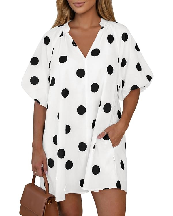 Wenrine Womens Summer Polka Dot Mini Dress Casual Puff Sleeve V Neck Loose Flowy Shirt Dresses wi... | Amazon (US)