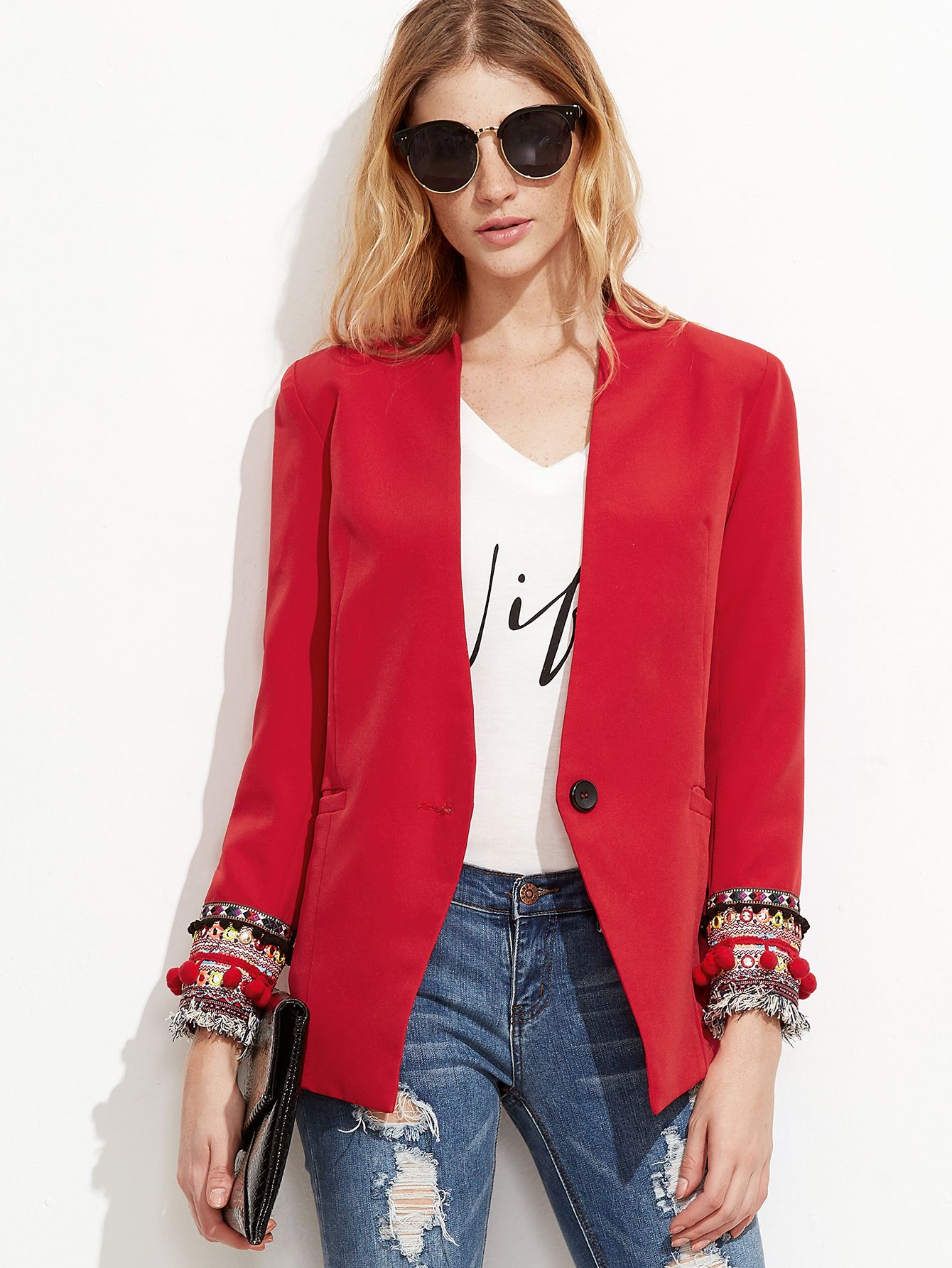 Red Collarless One Button Embroidered Cuff Blazer | SHEIN