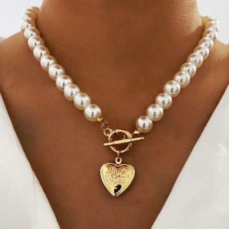 Vintage Pearl Necklace, Elegant Choker, Choker, Pearl Heart Locket, Pearl Locket Necklace, Gold H... | Etsy (US)