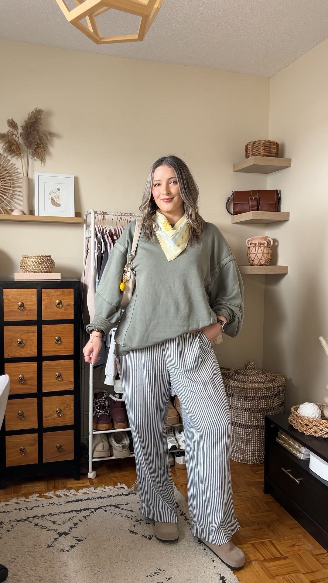 Easy spring outfit! Wearing M in the sage green sweatshirt, it runs big. Linked this year’s version of my striped linen wide leg pants, I wear L tall. Love the butter yellow bandana for a fun pop of color & print! Canadian Old Navy links are under “similar products"

#LTKsale #LTKstyletip #LTKmidsize