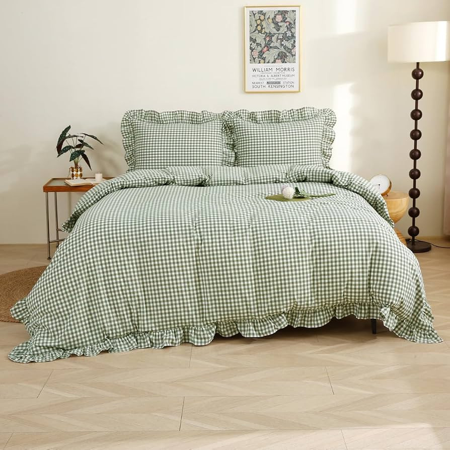 Sage Green/White Plaid Ruffle Duvet Cover King Size,100% Washed Cotton 3 Pcs Vintage Checkered Ch... | Amazon (US)