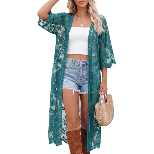 Funnysoft Kimonos for Women Lace Cardigan Swimsuit Cover up Summer Kimono Cardigan Open Front Sheer Long Boho Coverup(Peacock Blue,1 Pack) | Amazon (US)