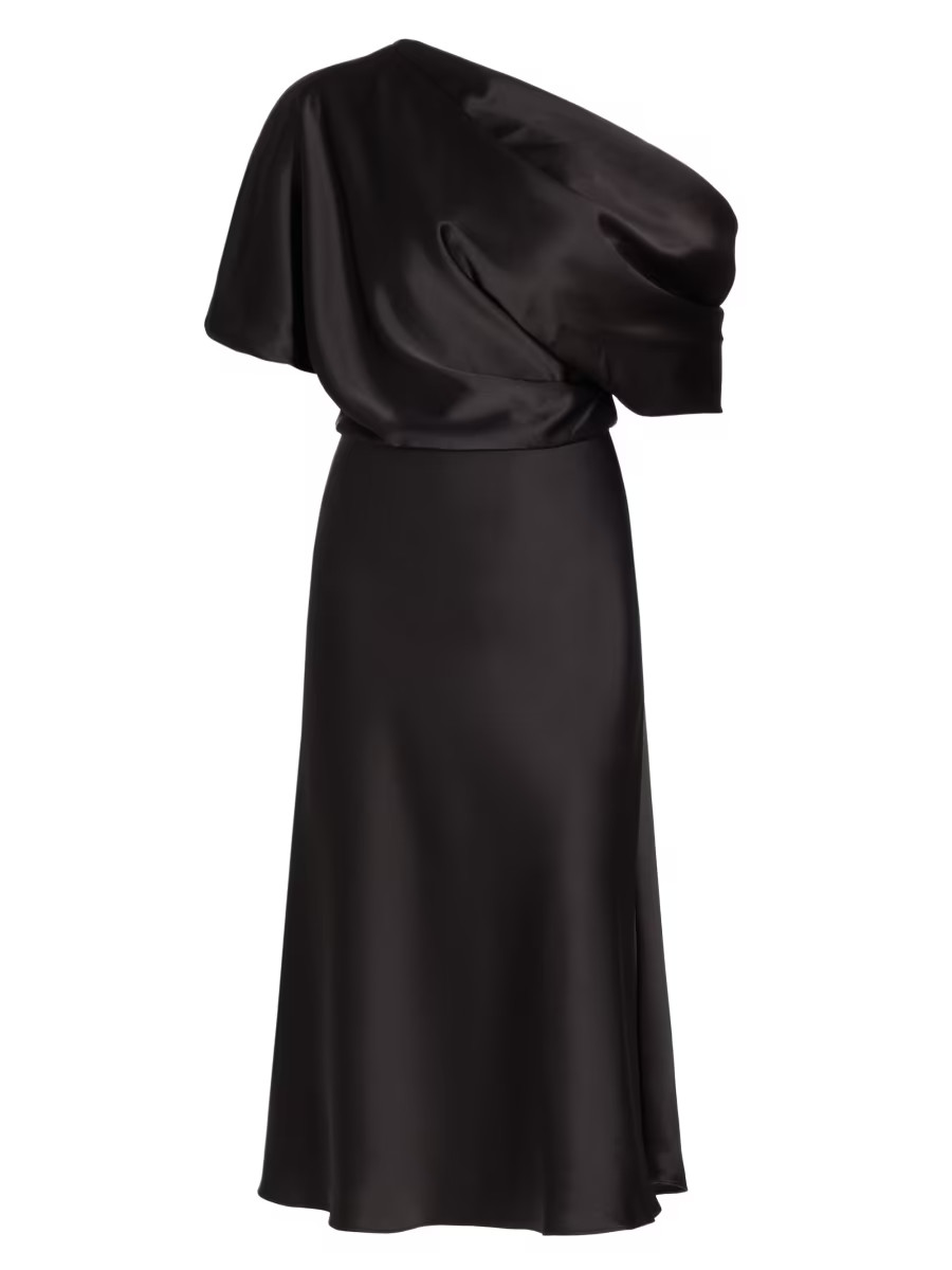 Amsale Draped Satin One-Shoulder Midi-Dress | Saks Fifth Avenue | Saks Fifth Avenue
