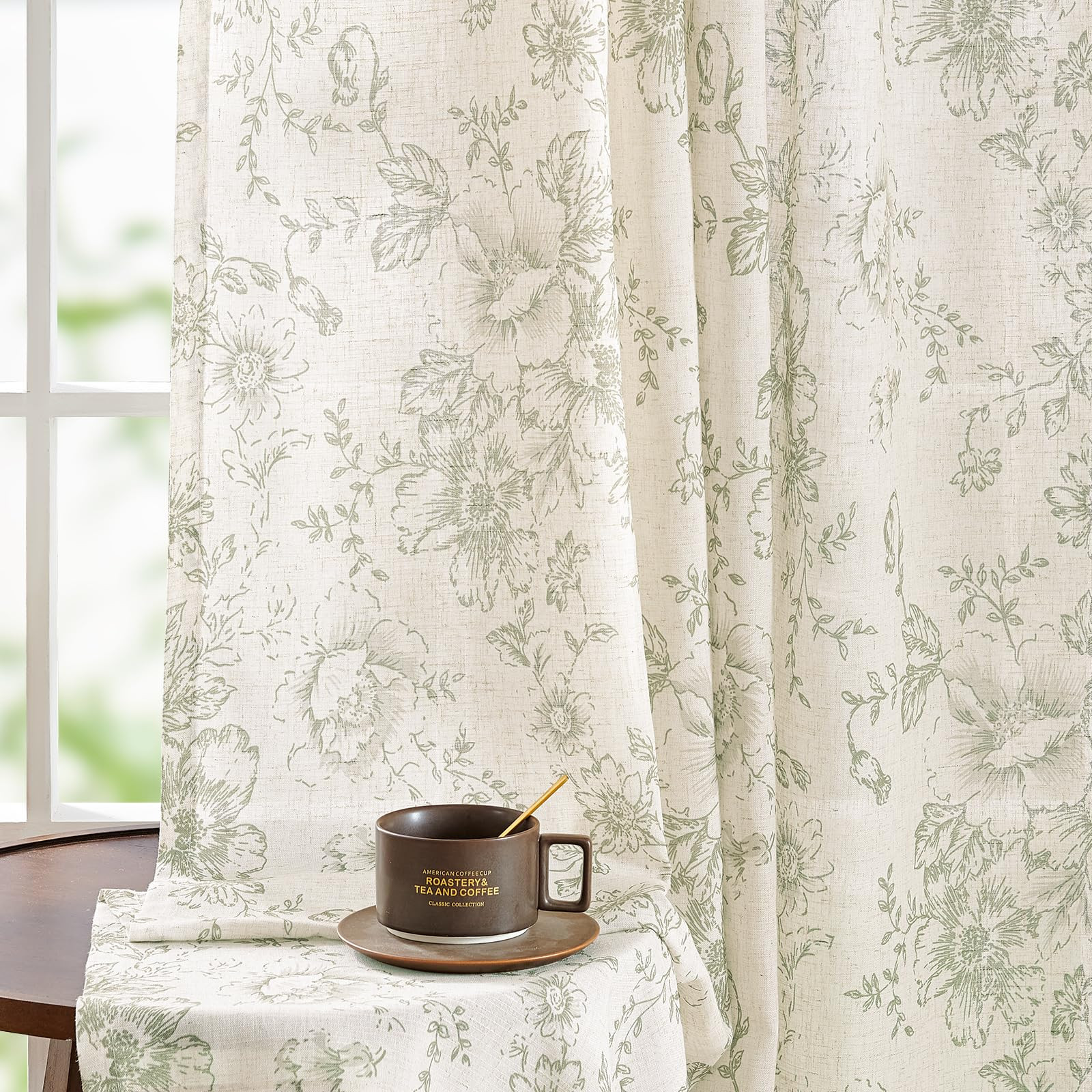 jinchan Linen Blend Curtains Floral Curtains for Living Room 96 Inch Length Sage Green Printed Cu... | Amazon (US)