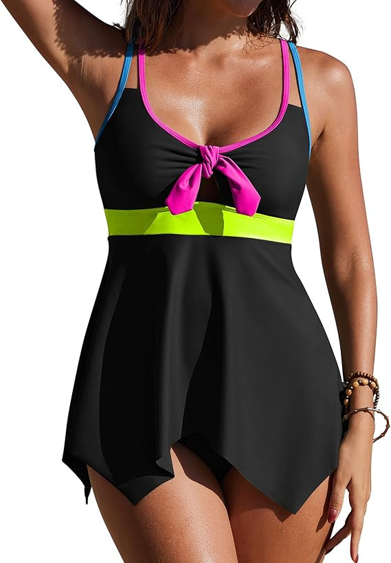 Tankini Swimsuits for Women 2 Piece Tummy Control V-Neck Tie Knot Flowy Colorblock Bathing Suit w... | Amazon (US)