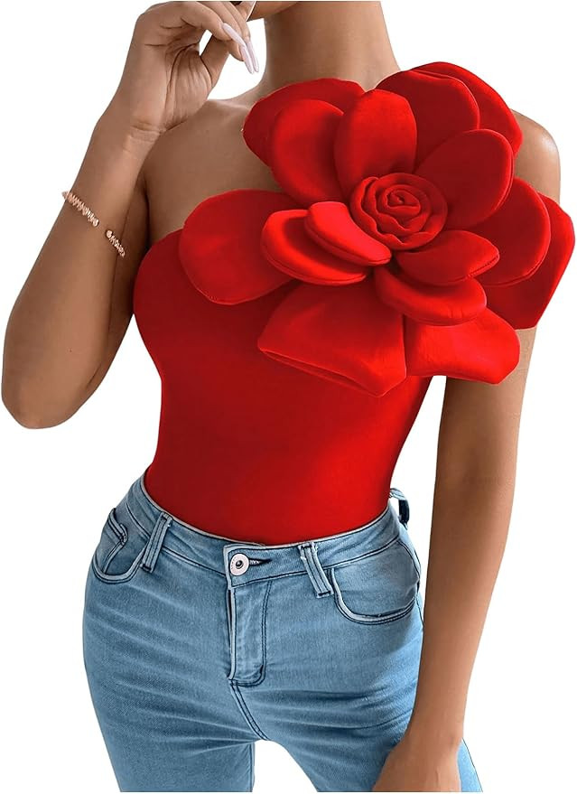 SHENHE Women's 3D Flower Top One Shoulder Sleeveless Slim Fit Elegant Rosette Top Blouse | Amazon (US)