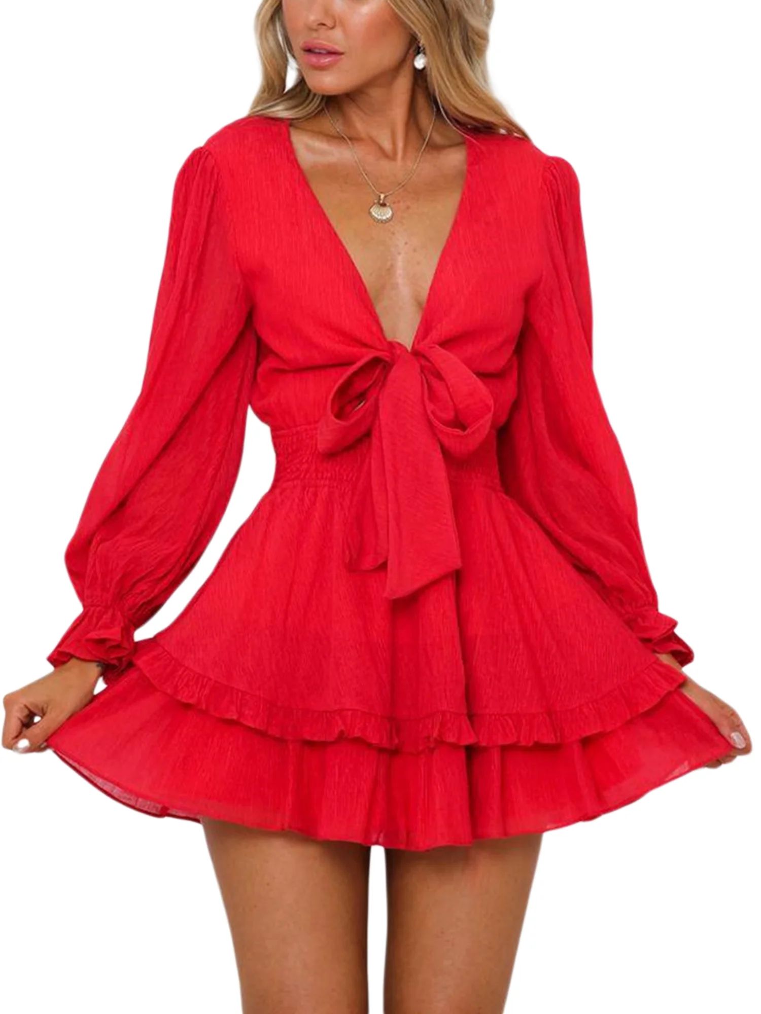 wsevypo Womens Deep V Neck Ruffle Long Sleeve Double Layer Ruffle Hem Mini Dress | Walmart (US)