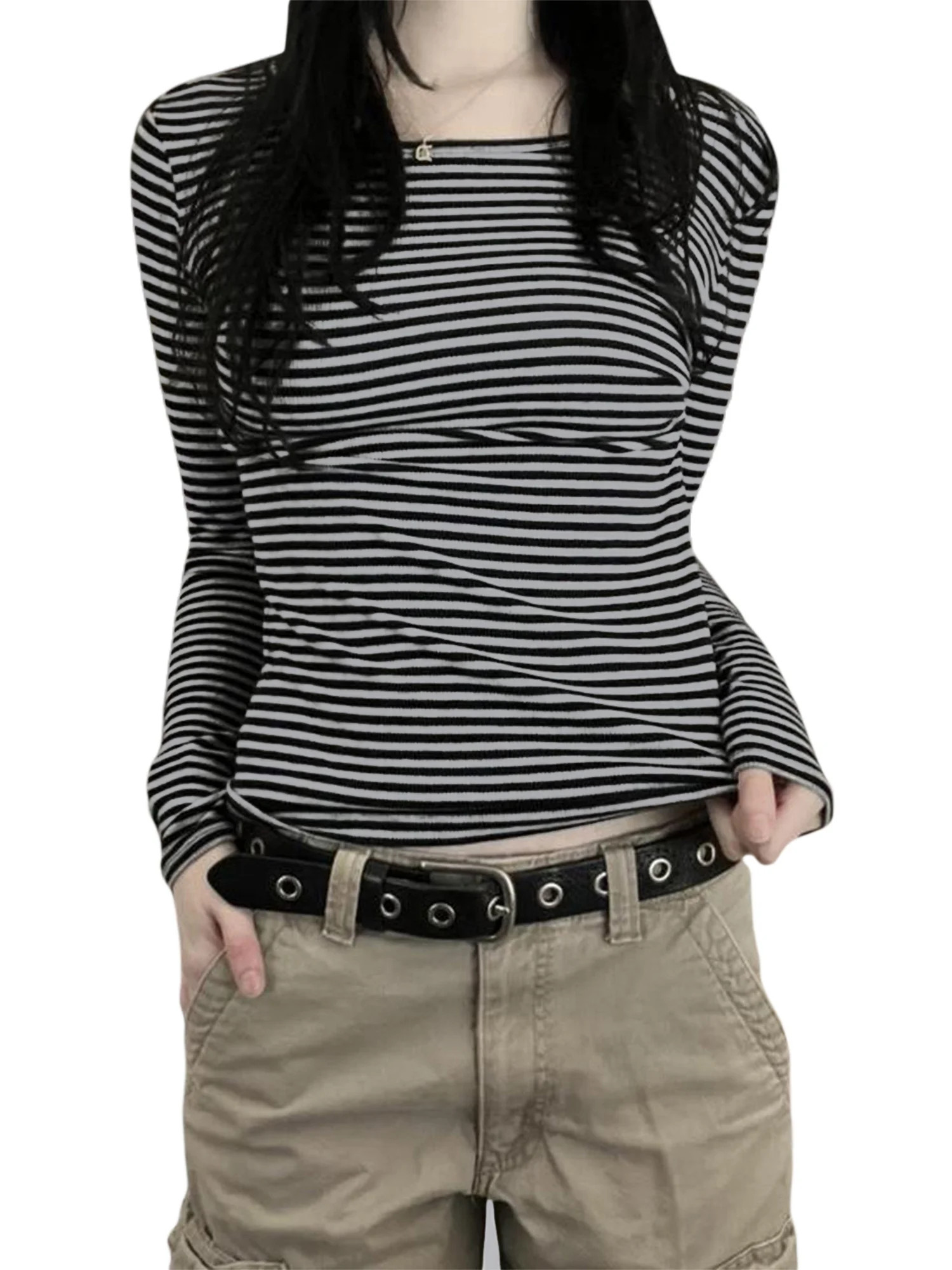 TFFR Striped T-Shirts for Women Long Sleeve Crop Top Crewneck Slim Tee | Walmart (US)