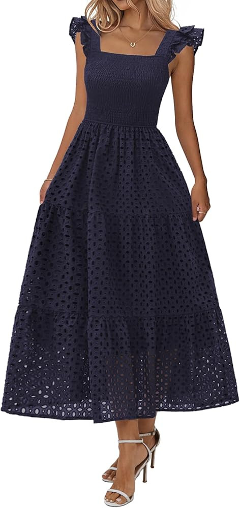 Lazysmile Womens Summer Maxi Dress Square Neck Ruffle Cap Sleeve Hollow Out Eyelet Smocked Tiered... | Amazon (US)