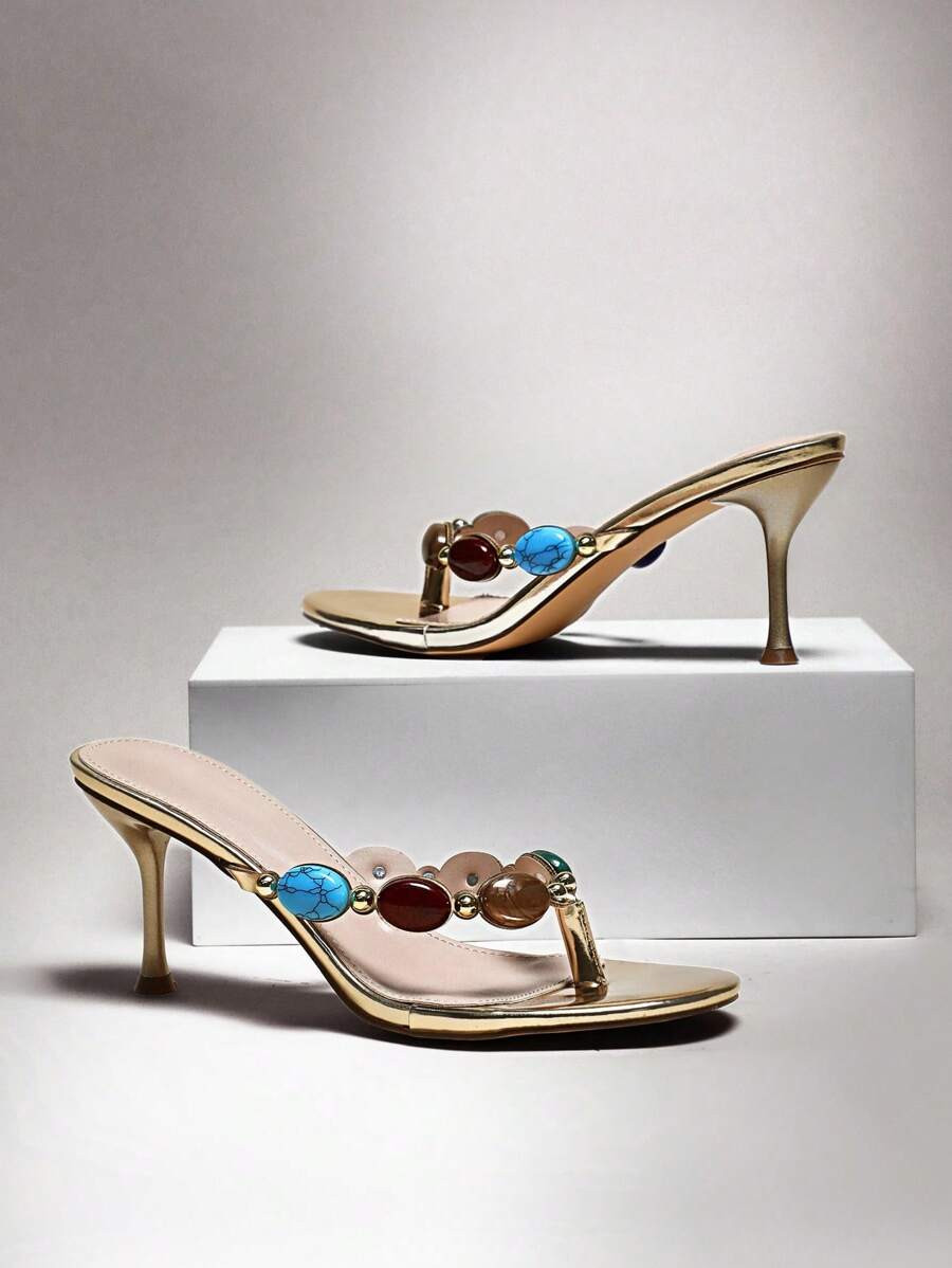 SHUZIA Women Gemstone Decor Stiletto Everyday Vintage Sexy Beach Elegant PU Gold High Heeled Sand... | SHEIN