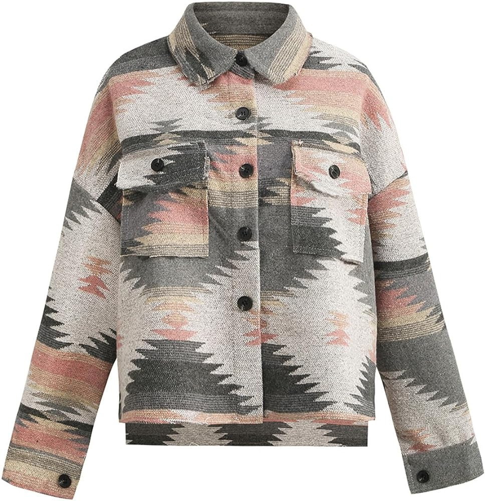 Women's Vintage Aztec Print Pattern Loose Shacket Button Down Long Sleeve Woolen Jacket Shirts Co... | Amazon (US)