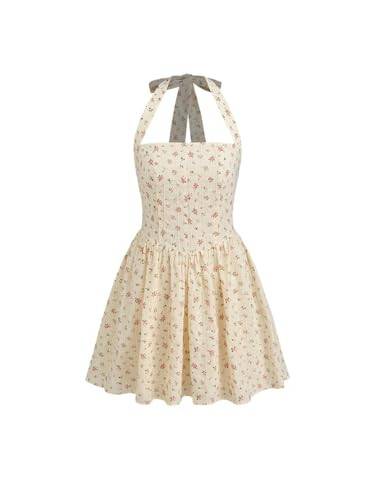 CIDER Mini Floral Dress Halter Neck Summer Ruffle Hem A Line Cotton Mid Waist Vacation Cream | Amazon (US)