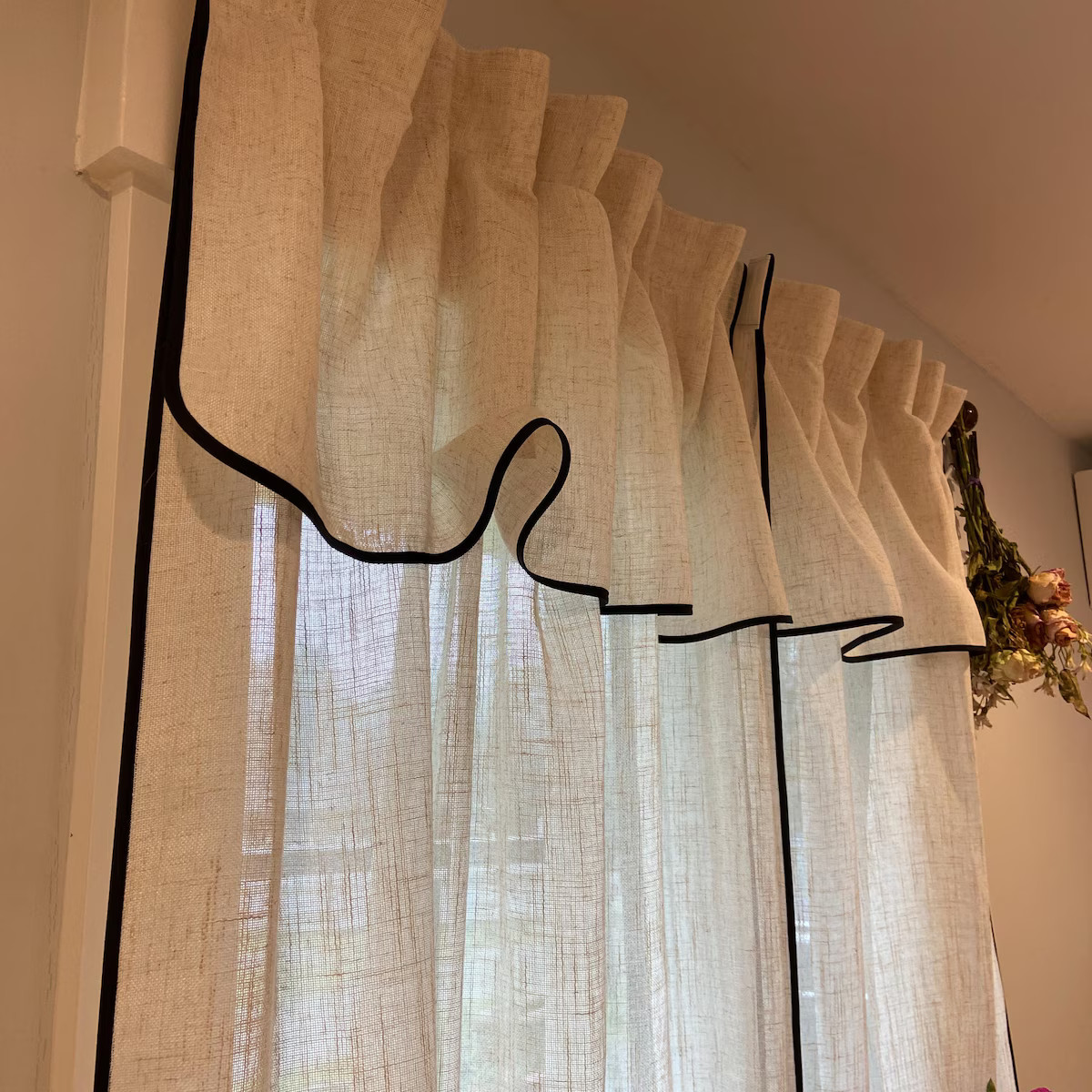 Black Border Valance Curtains ,sheer Linen Curtain Panels,french Style Tulle Curtains, Custom Siz... | Etsy (US)