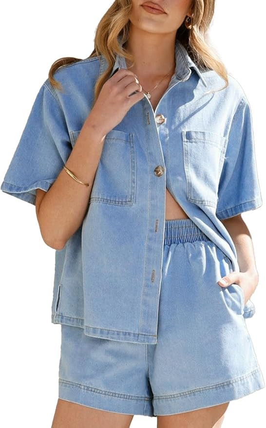Sidefeel Womens 2 Piece Sets Denim Summer Outfits Comfy Short Sleeve Button Down Shirt High Waist... | Amazon (US)