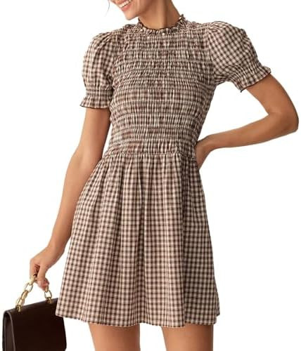 RIHOAS Plaid Gingham Mini Dress Short Sleeve Smocked Dresses for Women | Amazon (US)