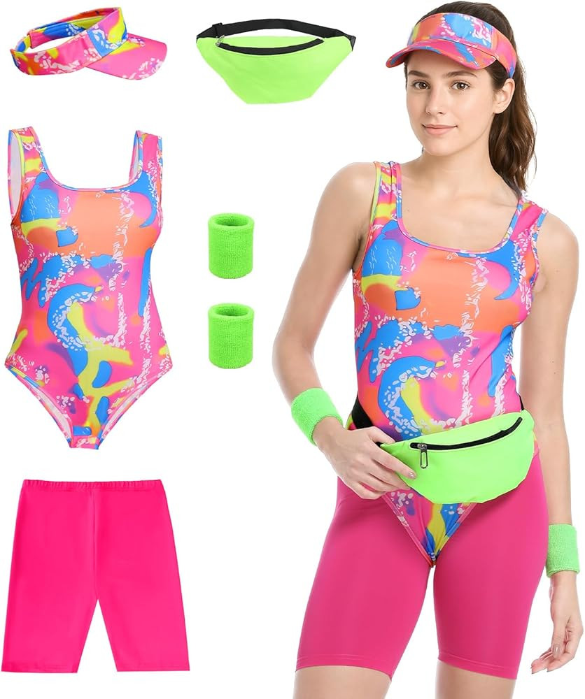 Womens 80s Workout Costume Outfit 80s 90s Accessories Set - Leotard Neon Halloween Cosplay Set. | Amazon (US)