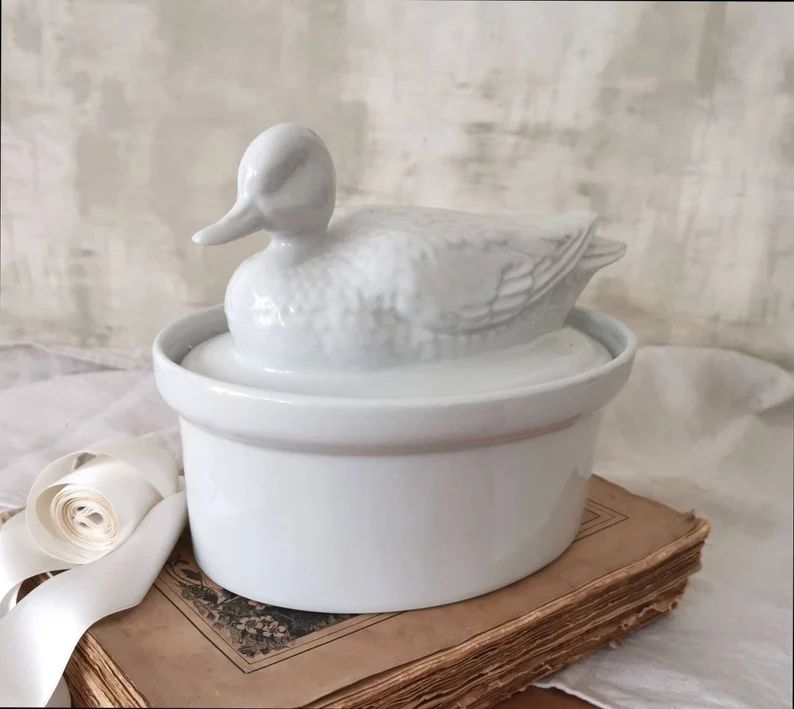 Vintage French Duck Shaped Terrine / Ovenproof / Majolica Tureen / All White Barbotine / Centerpi... | Etsy (US)