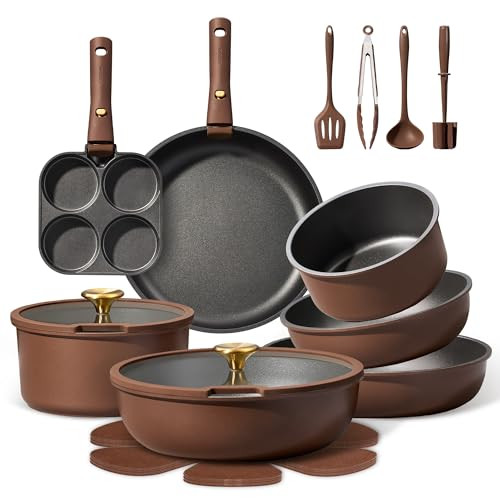 CAROTE 21pcs Pots and Pans Set, Nonstick Cookware Set Detachable Handle, Induction Kitchen Cookware Sets Non Stick with Removable Handle, RV Cookware Set, Oven Safe, Brown | Amazon (US)