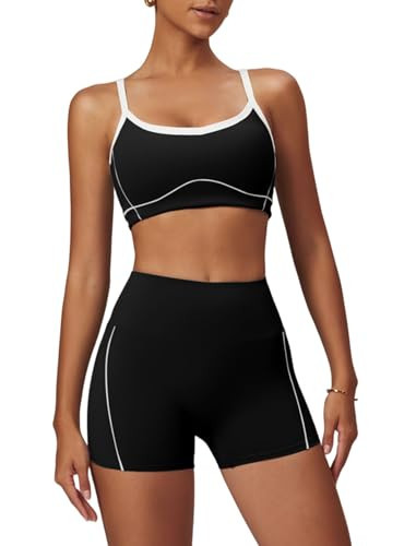 QBGJTD Two Piece Workout Sets for Women Cami Straps Color Block Back Sports Bra Matching High Waist Booty Lifting Biker Shorts 2 Piece Gym Yoga Active Wear Outfits Womens Athletic Work Out Black L | Amazon (US)