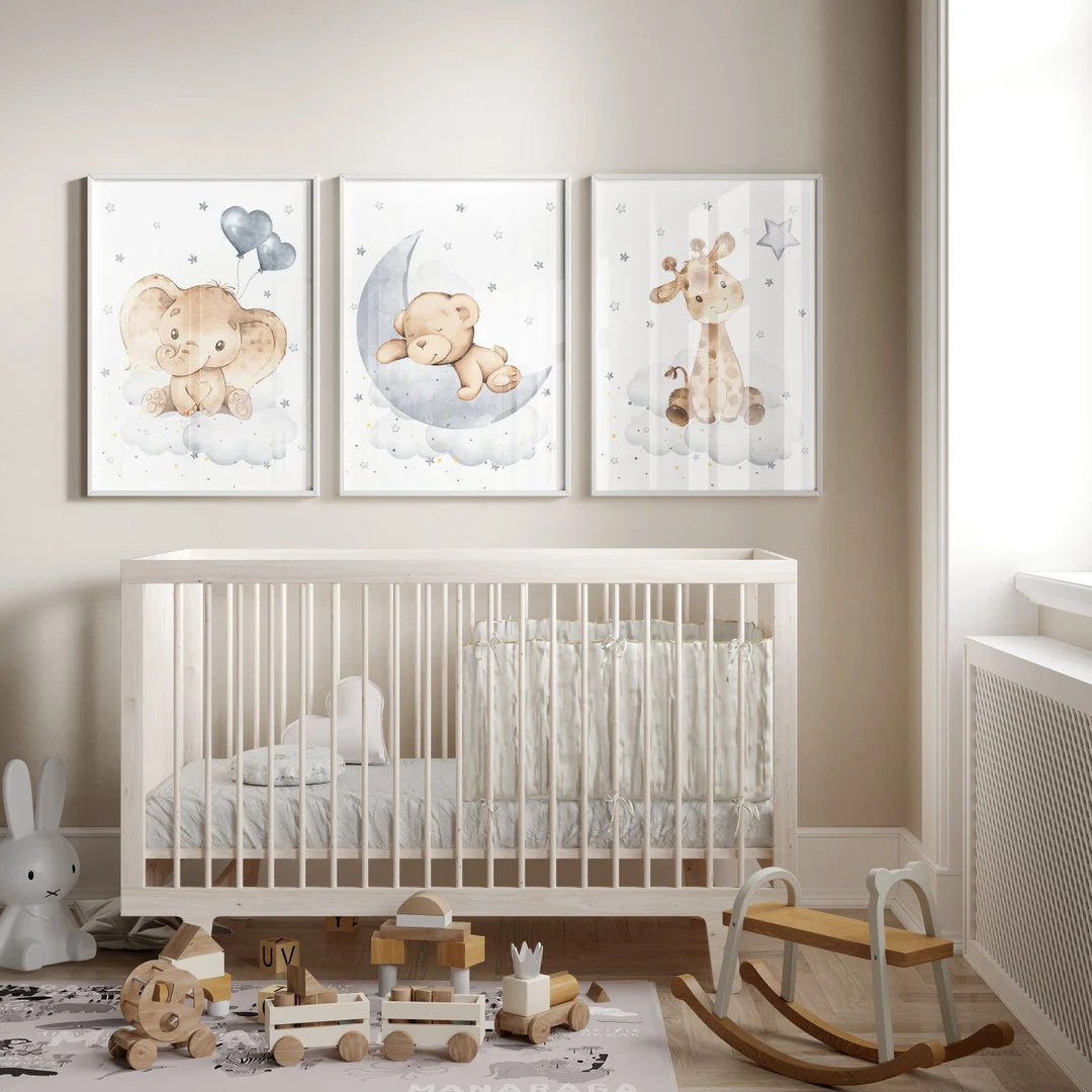 Gender Neutral Nursery, Nursery Decor Elephant, Giraffe, Bear, Gray Nursery Decor, Nursery Wall A... | Etsy (US)